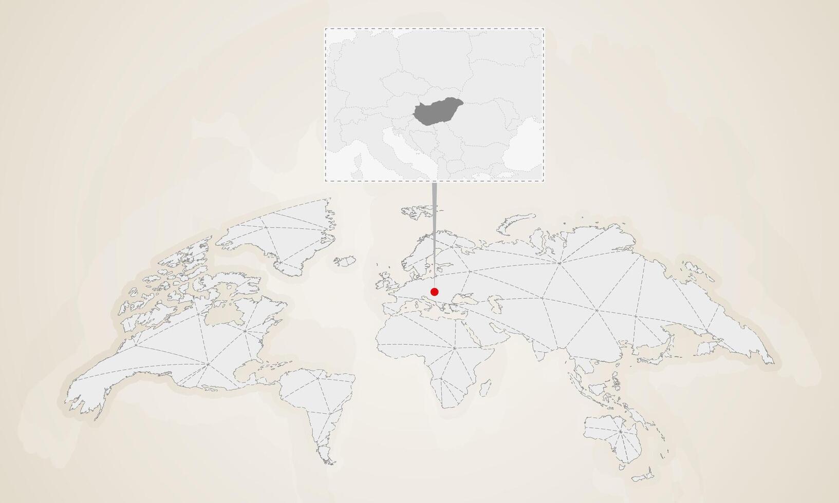 Map of Hungary with neighbor countries pinned on world map. vector
