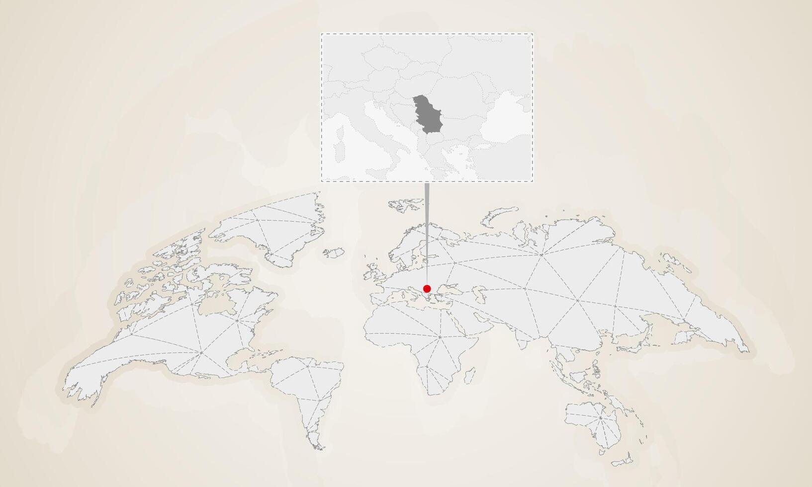 Map of Serbia with neighbor countries pinned on world map. vector
