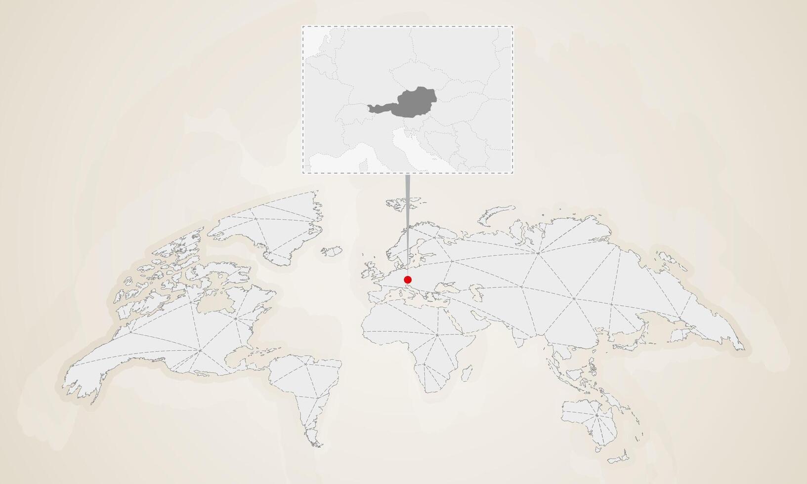 Map of Austria with neighbor countries pinned on world map. vector