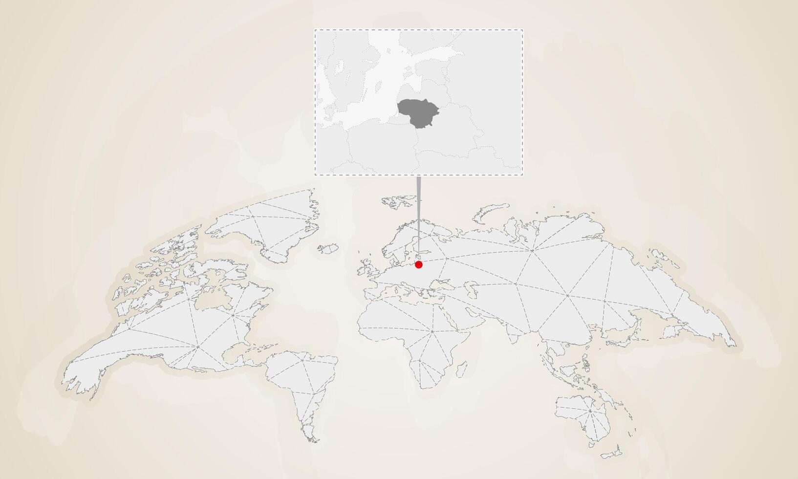 Map of Lithuania with neighbor countries pinned on world map. vector