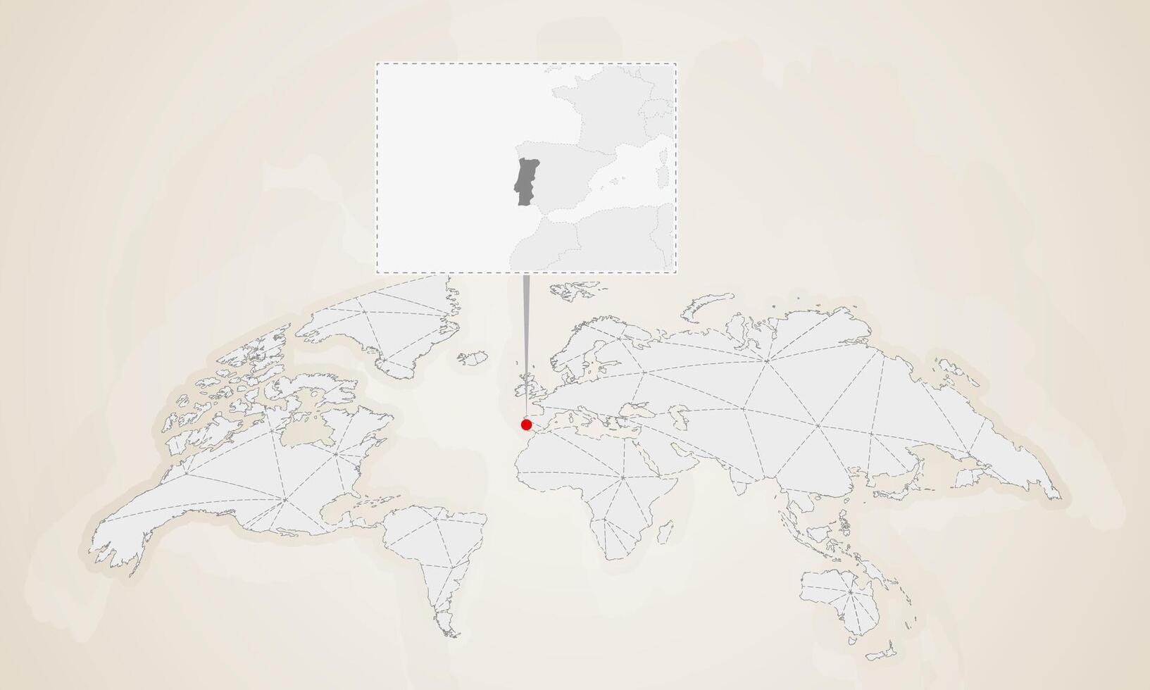 Map of Portugal with neighbor countries pinned on world map. vector