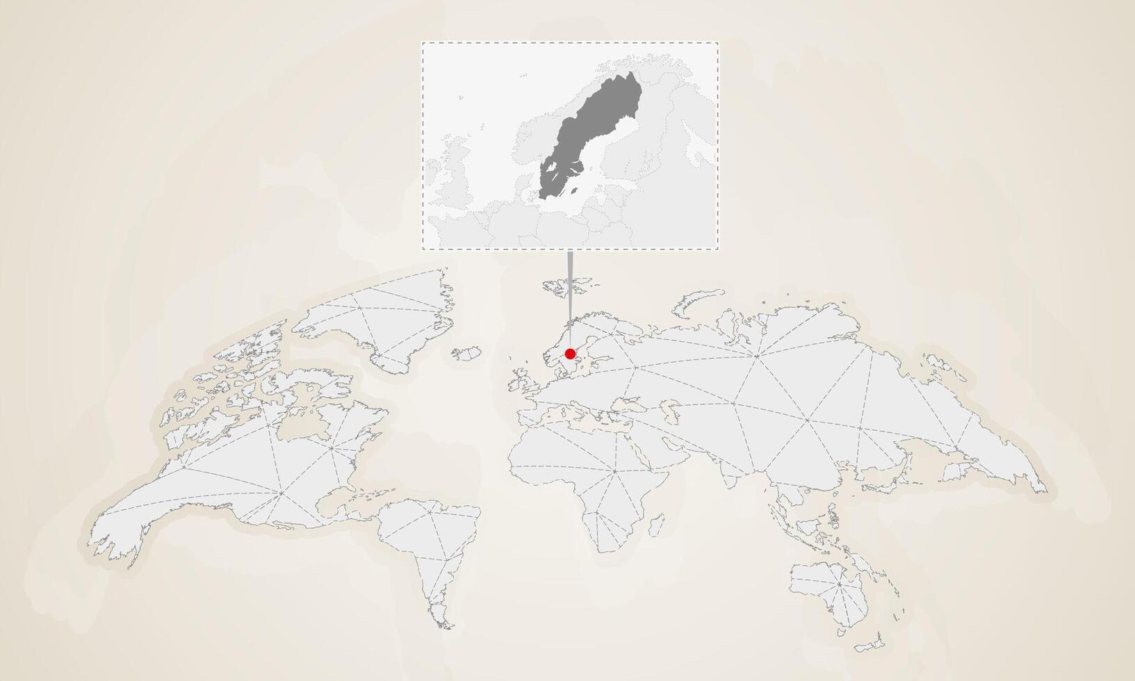 Map of Sweden with neighbor countries pinned on world map. vector