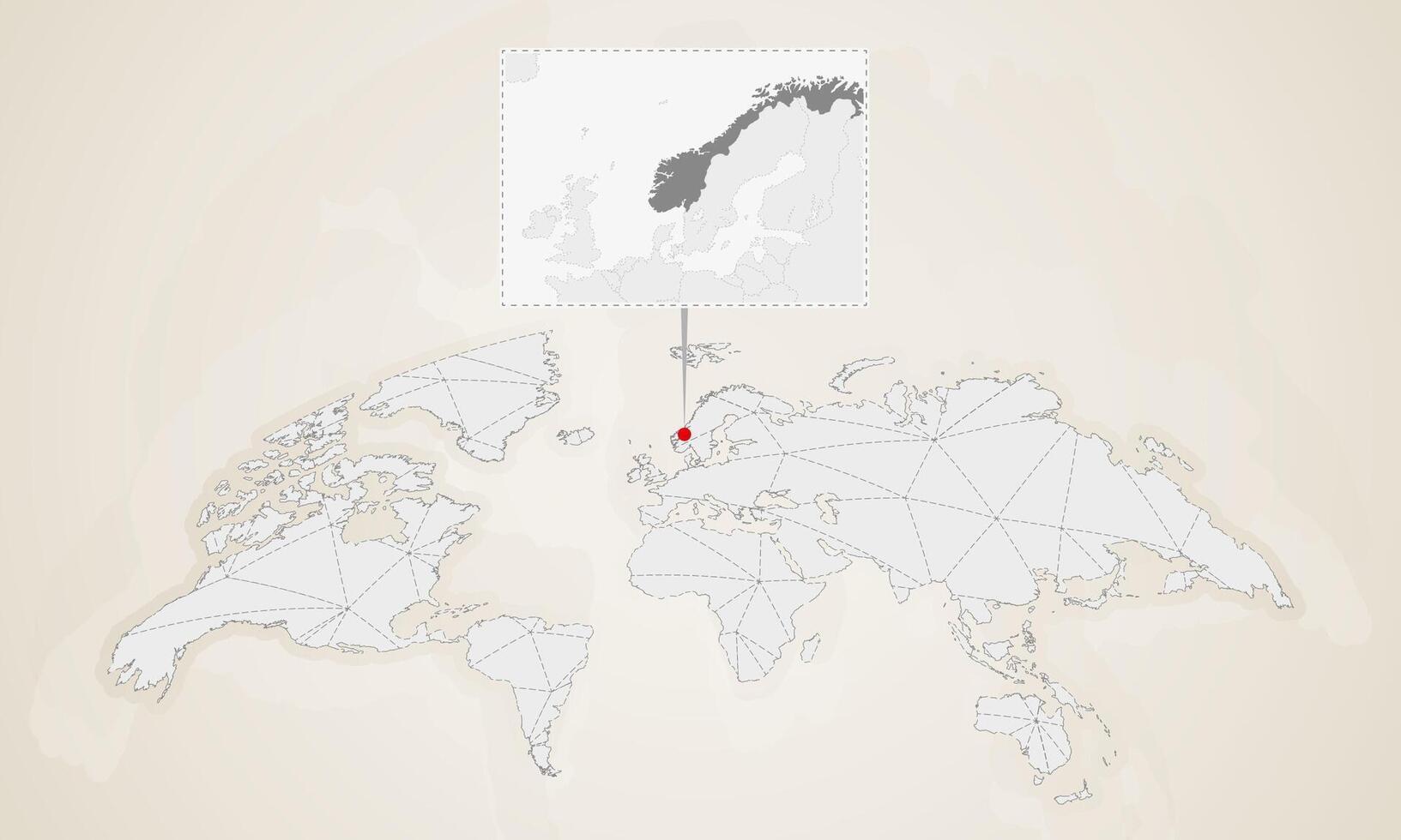 Map of Norway with neighbor countries pinned on world map. vector