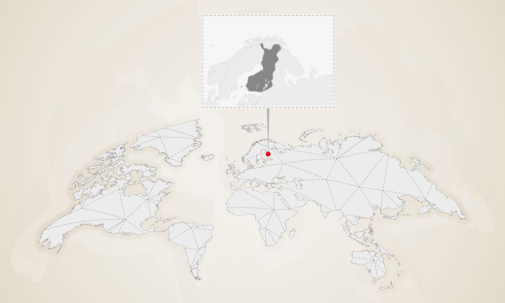 Map of Finland with neighbor countries pinned on world map. vector