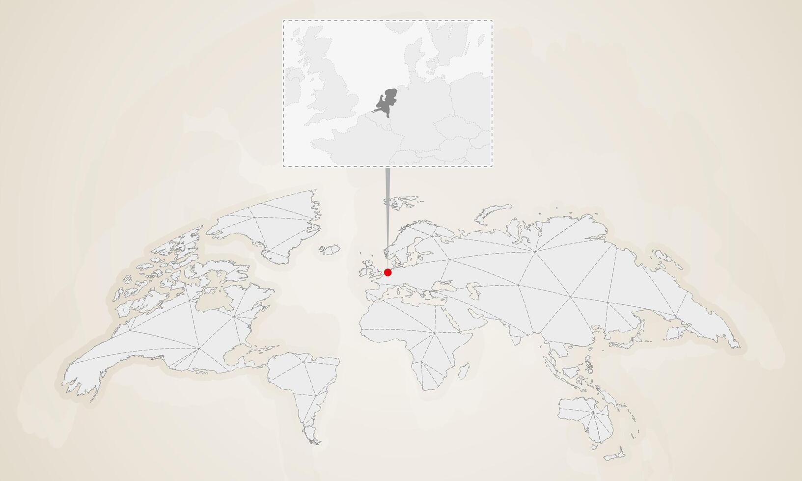 Map of Netherlands with neighbor countries pinned on world map. vector