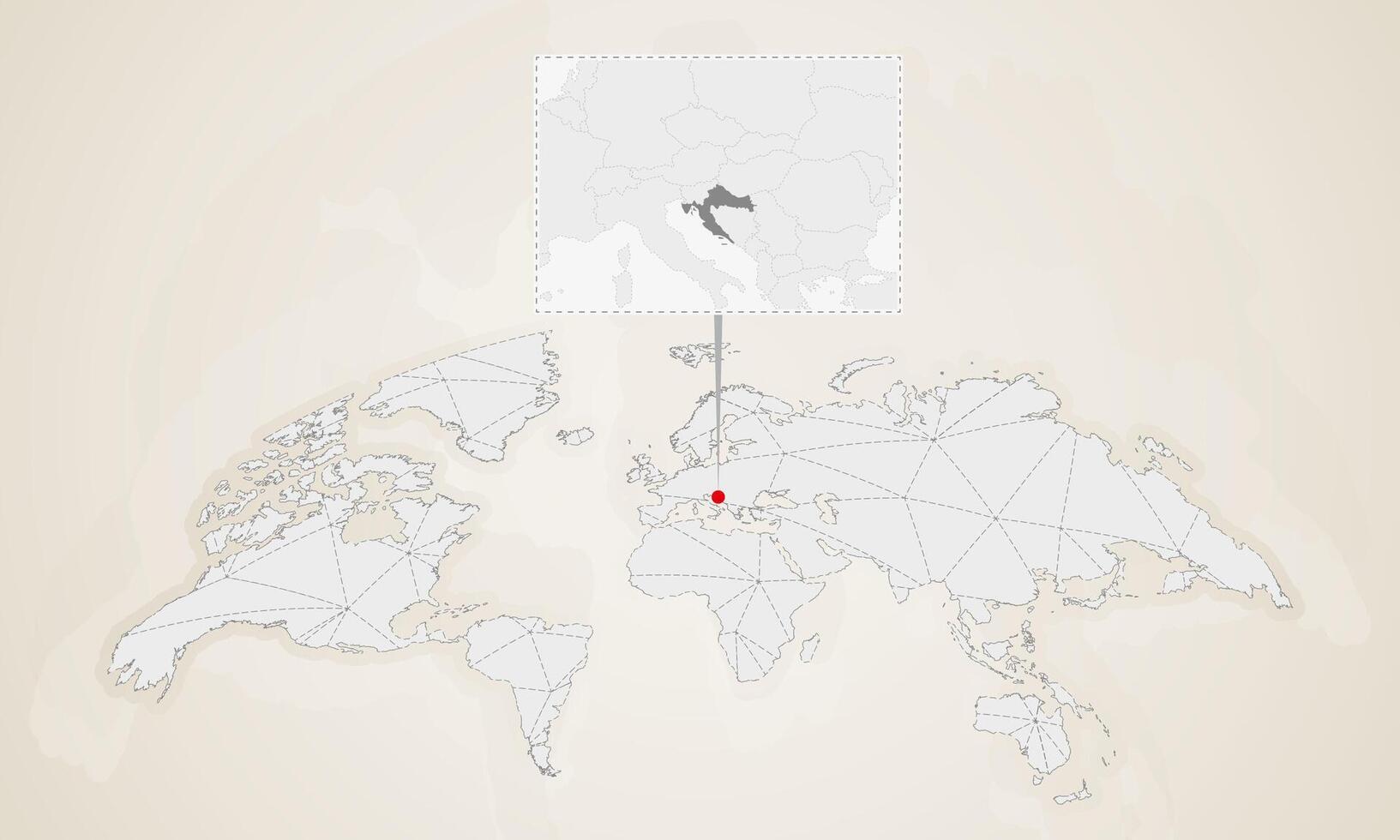 Map of Croatia with neighbor countries pinned on world map. vector