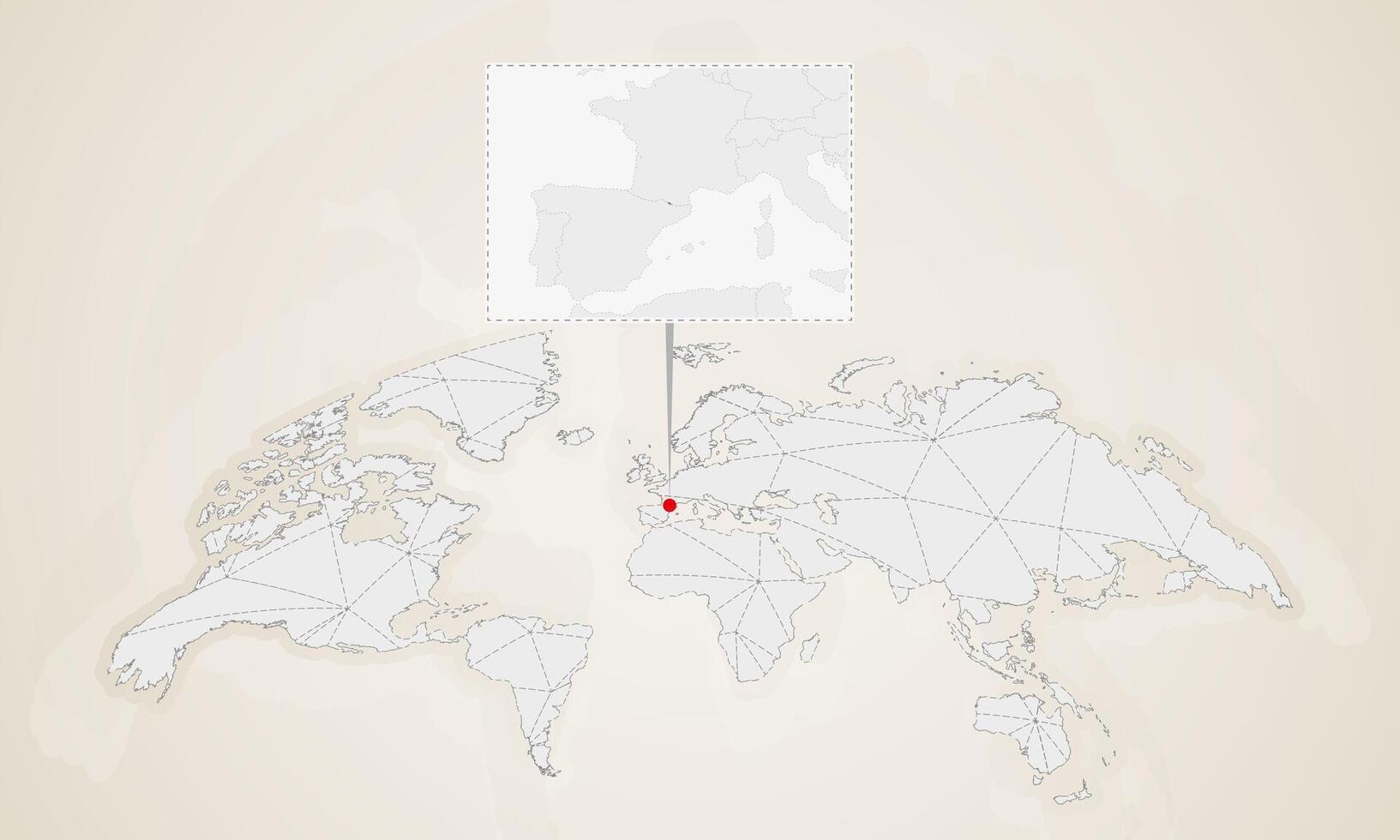 Map of Andorra with neighbor countries pinned on world map. vector