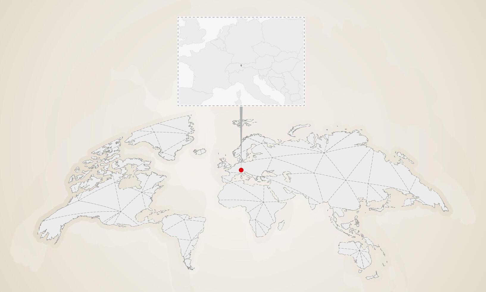 Map of Liechtenstein with neighbor countries pinned on world map. vector