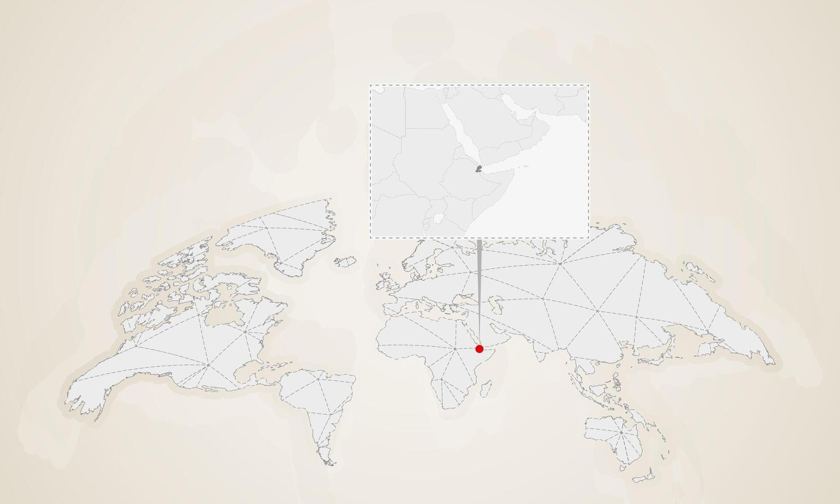 Map of Djibouti with neighbor countries pinned on world map. vector