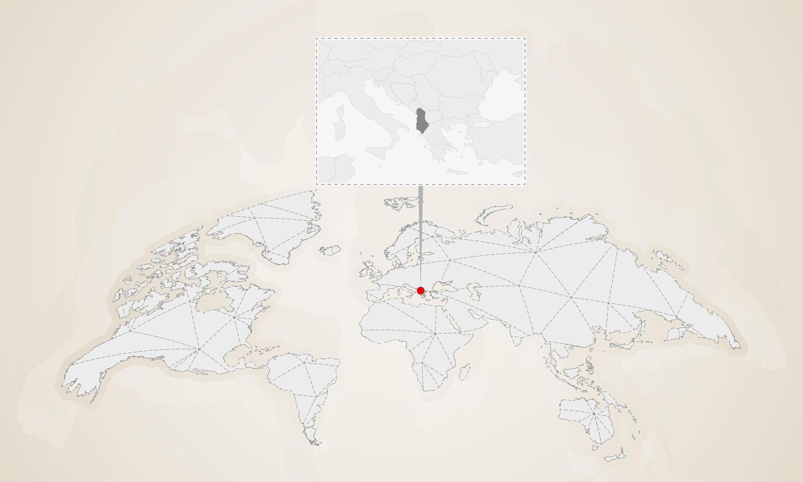 Map of Albania with neighbor countries pinned on world map. vector