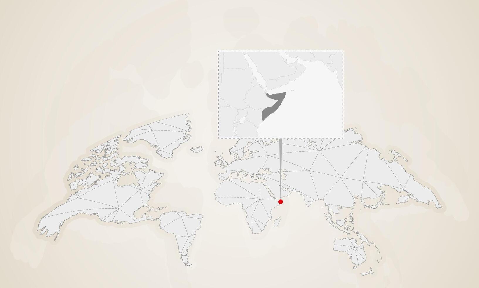 Map of Somalia with neighbor countries pinned on world map. vector