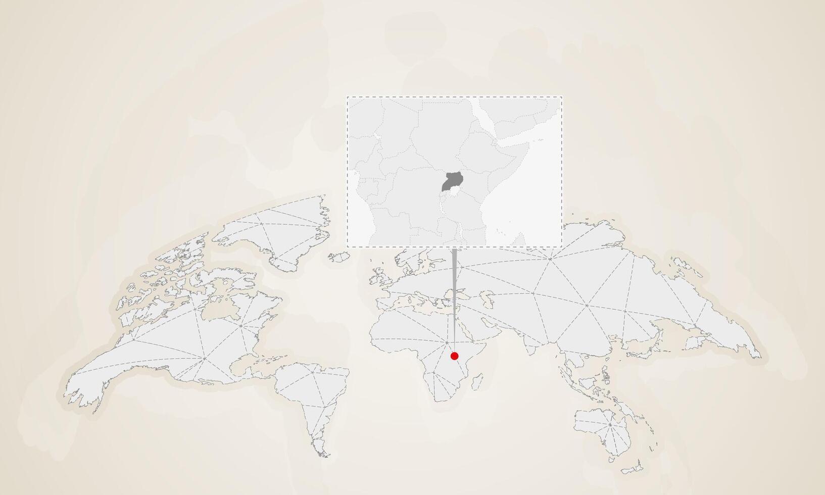 Map of Uganda with neighbor countries pinned on world map. vector