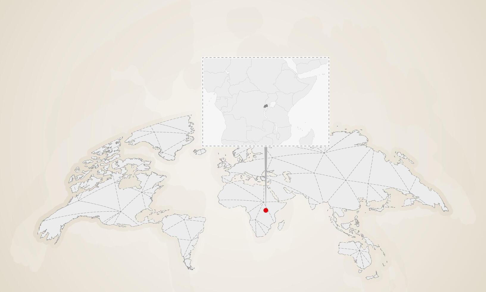 Map of Rwanda with neighbor countries pinned on world map. vector