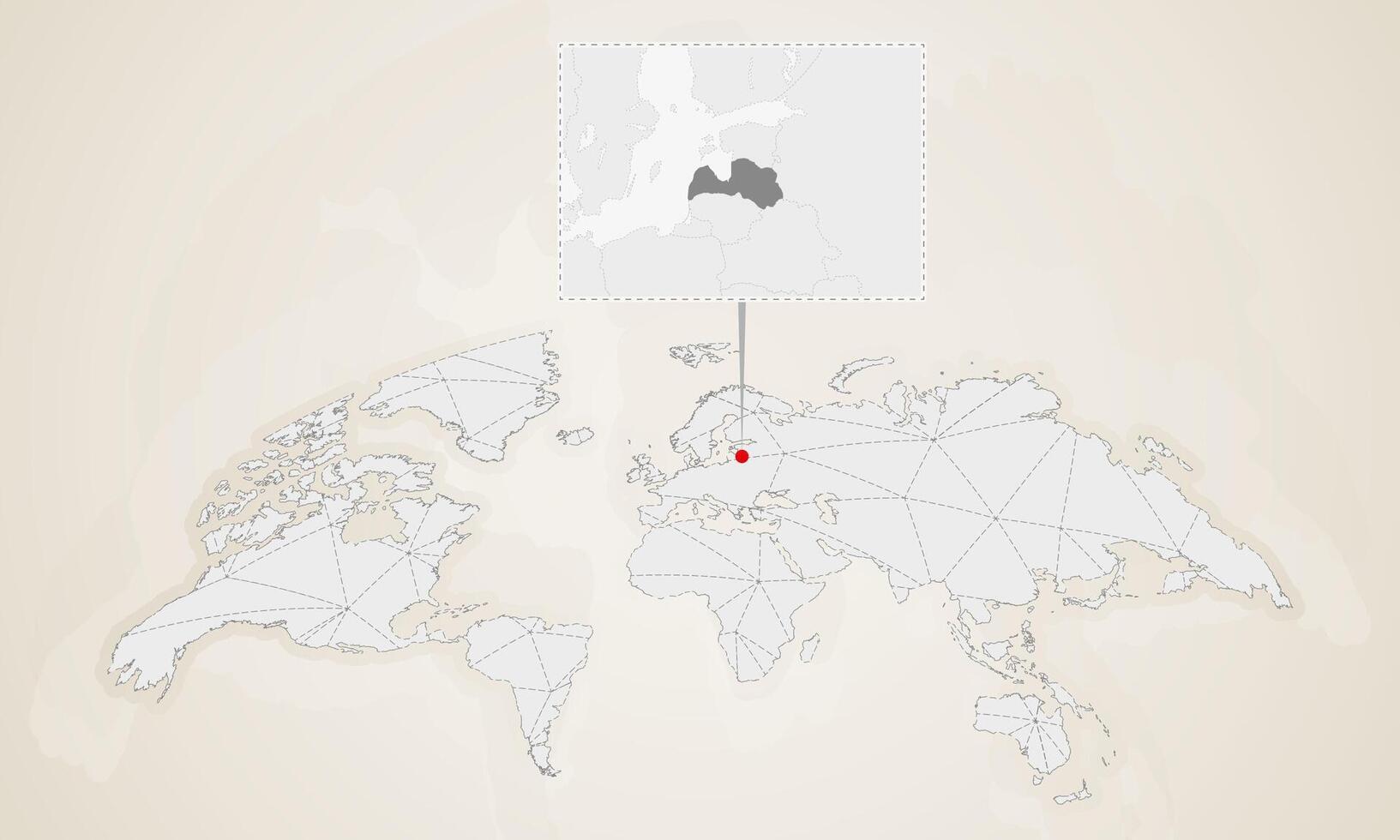 Map of Latvia with neighbor countries pinned on world map. vector