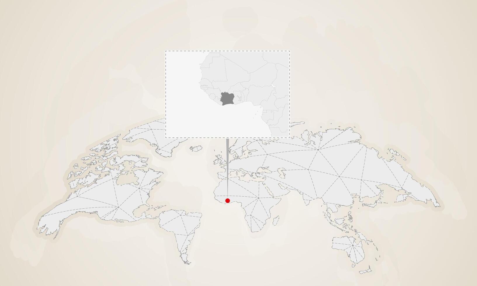 Map of Ivory Coast with neighbor countries pinned on world map. vector