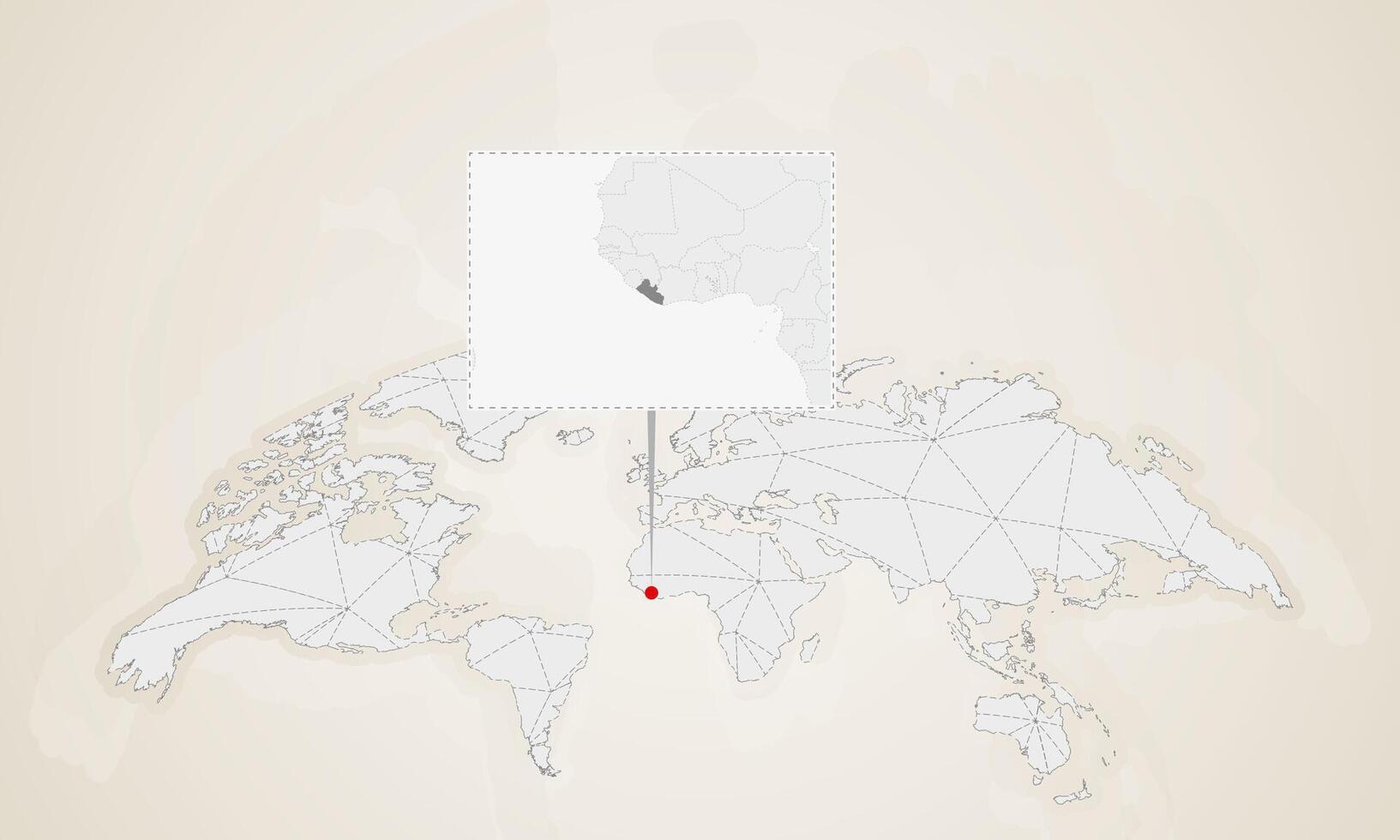 Map of Liberia with neighbor countries pinned on world map. vector