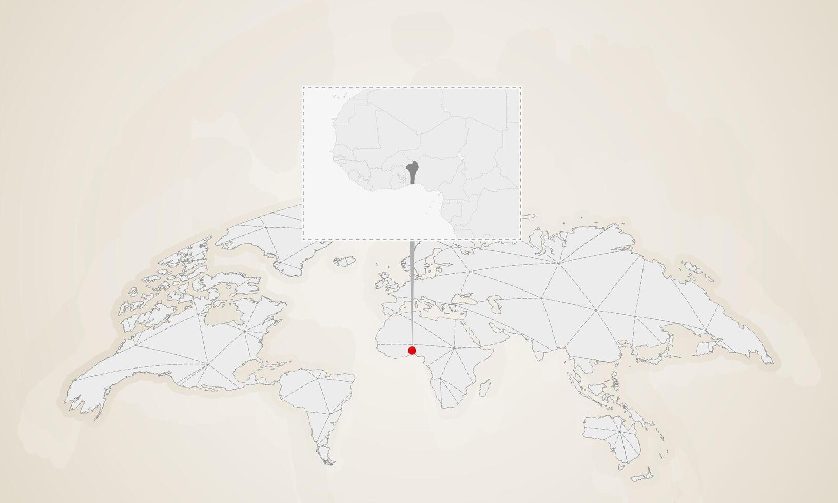 Map of Benin with neighbor countries pinned on world map. vector
