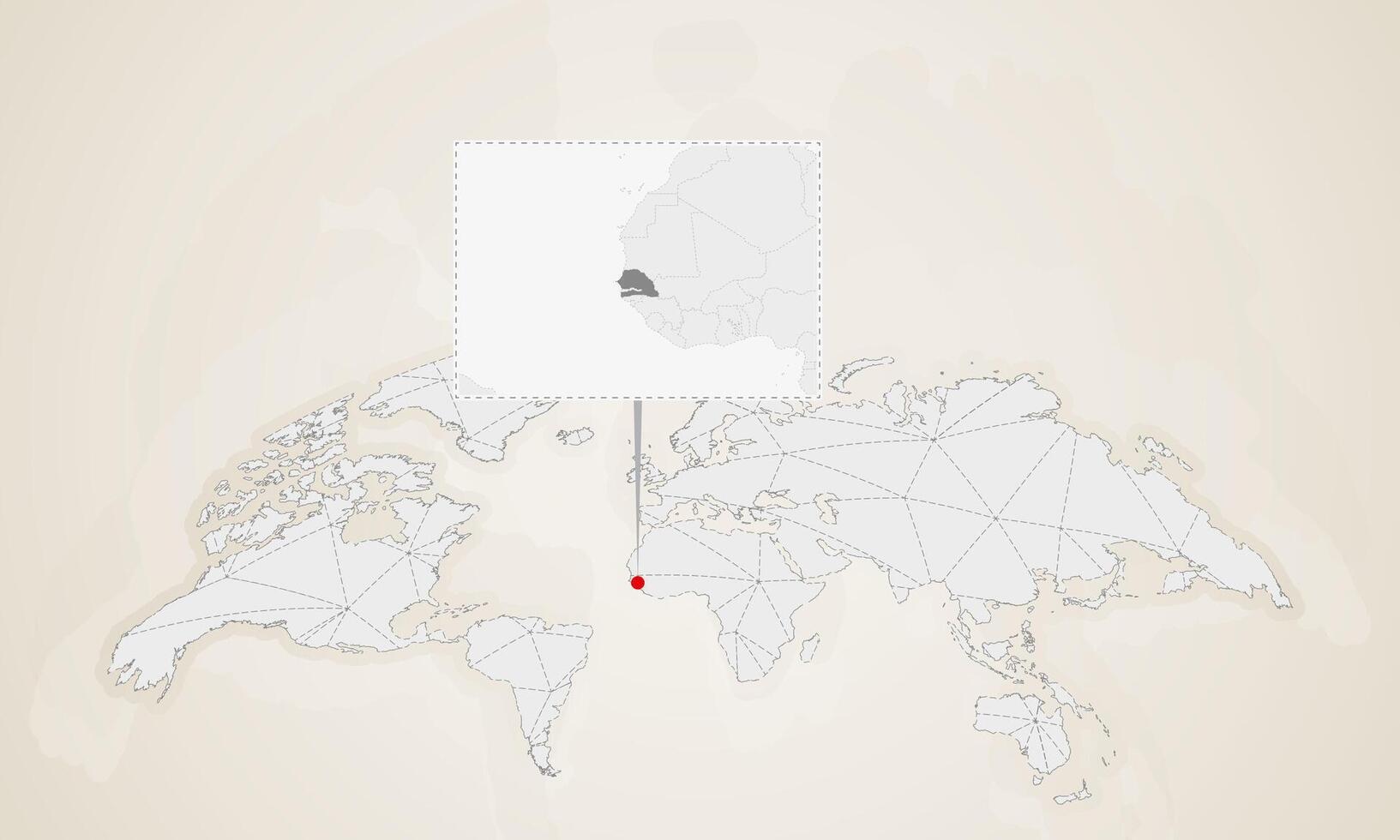 Map of Senegal with neighbor countries pinned on world map. vector