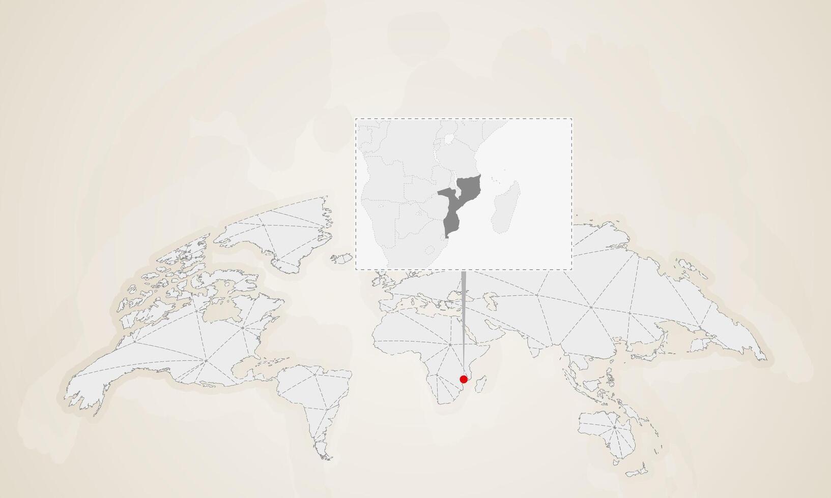 Map of Mozambique with neighbor countries pinned on world map. vector