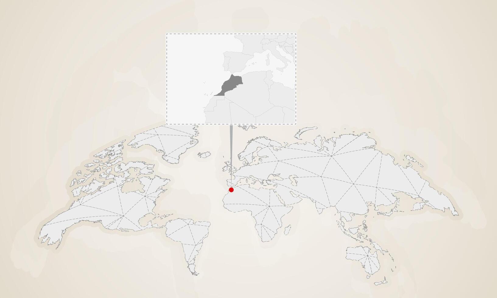 Map of Morocco with neighbor countries pinned on world map. vector