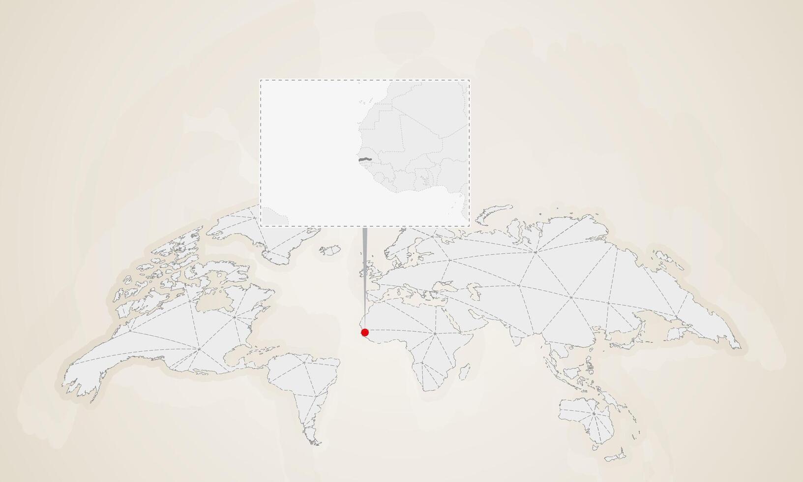 Map of Gambia with neighbor countries pinned on world map. vector