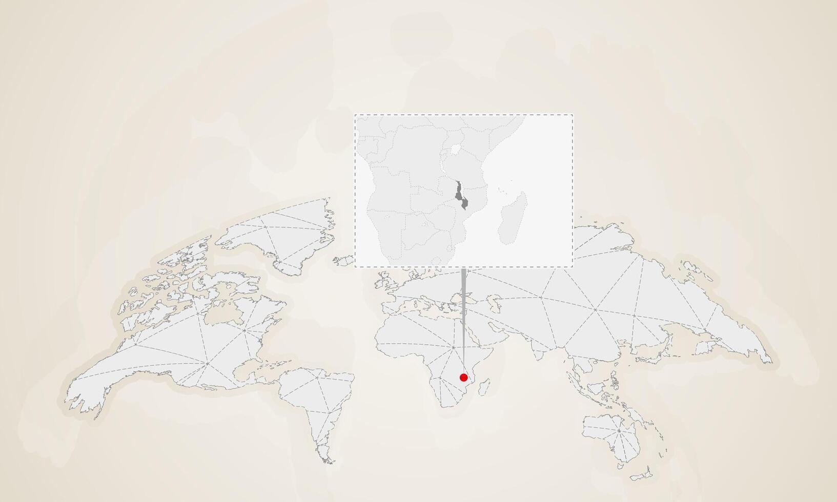 Map of Malawi with neighbor countries pinned on world map. vector