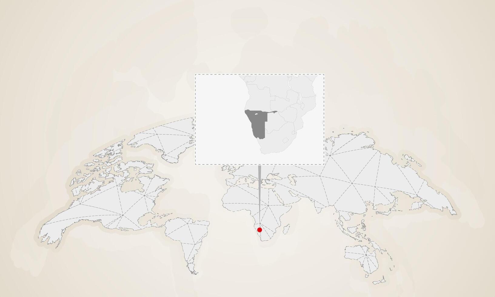 Map of Namibia with neighbor countries pinned on world map. vector