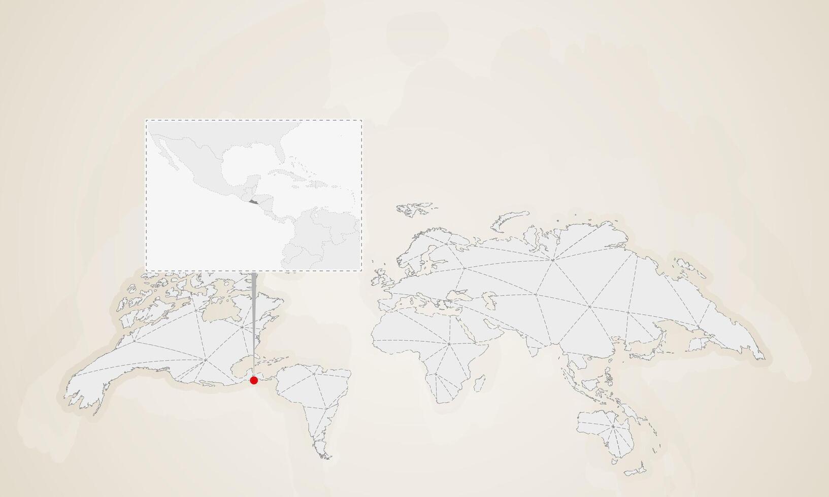 Map of El Salvador with neighbor countries pinned on world map. vector