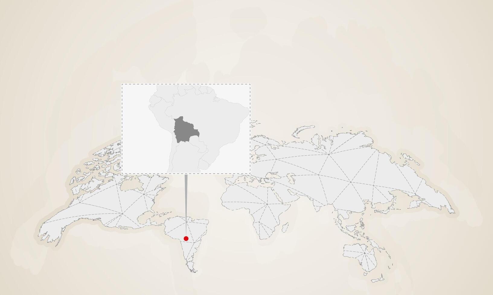 Map of Bolivia with neighbor countries pinned on world map. vector