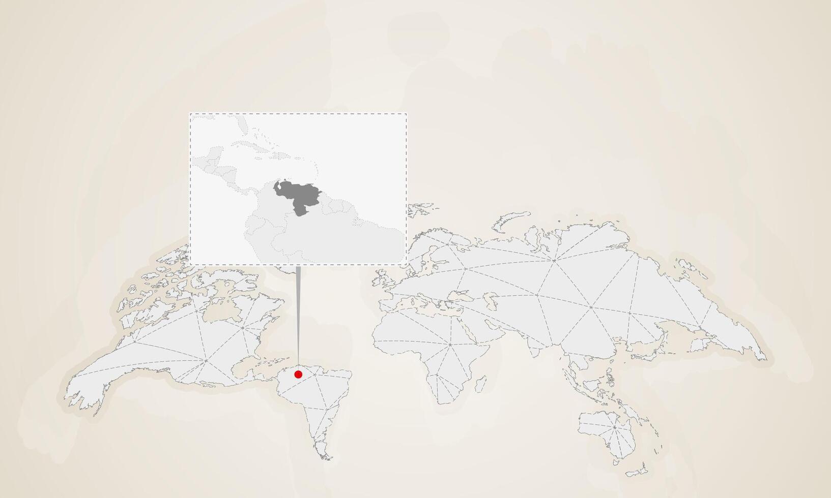 Map of Venezuela with neighbor countries pinned on world map. vector
