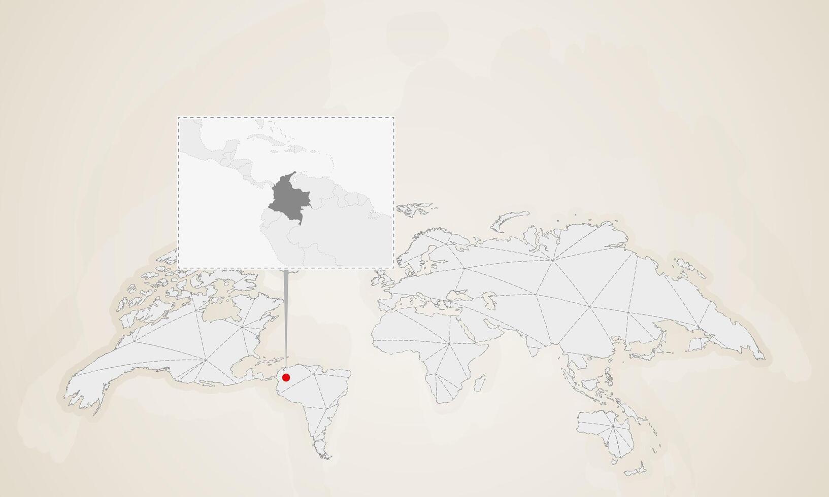 Map of Colombia with neighbor countries pinned on world map. vector