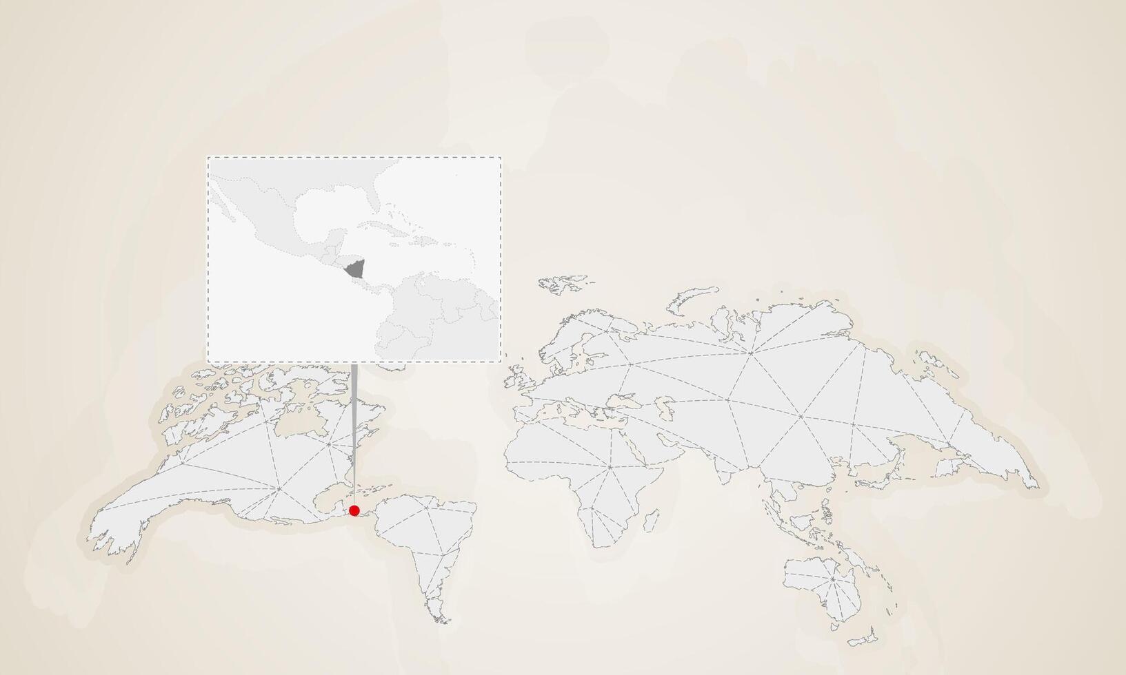 Map of Nicaragua with neighbor countries pinned on world map. vector