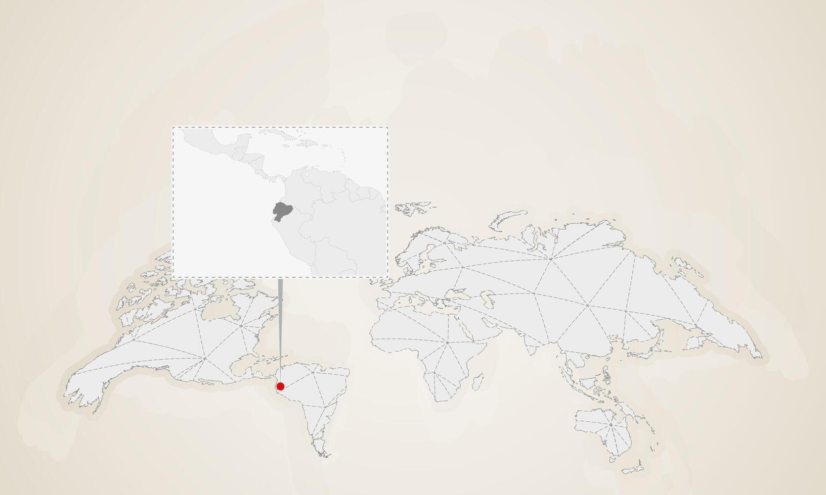 Map of Ecuador with neighbor countries pinned on world map. vector