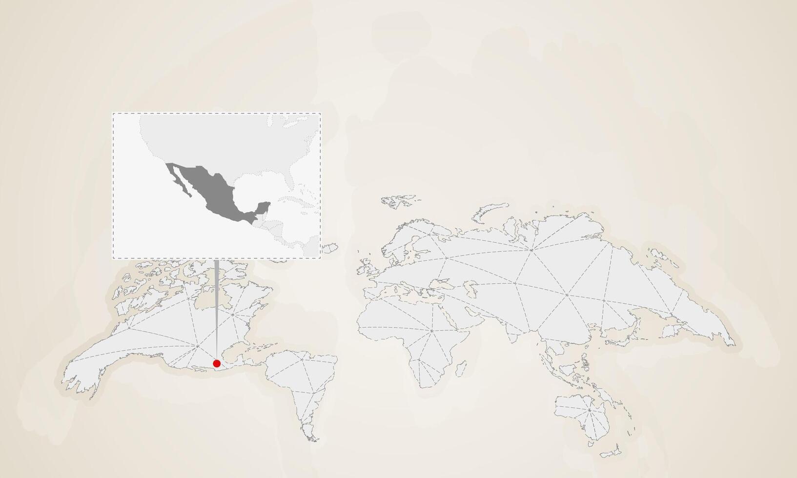 Map of Mexico with neighbor countries pinned on world map. vector