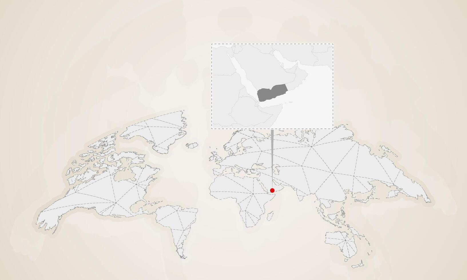 Map of Yemen with neighbor countries pinned on world map. vector