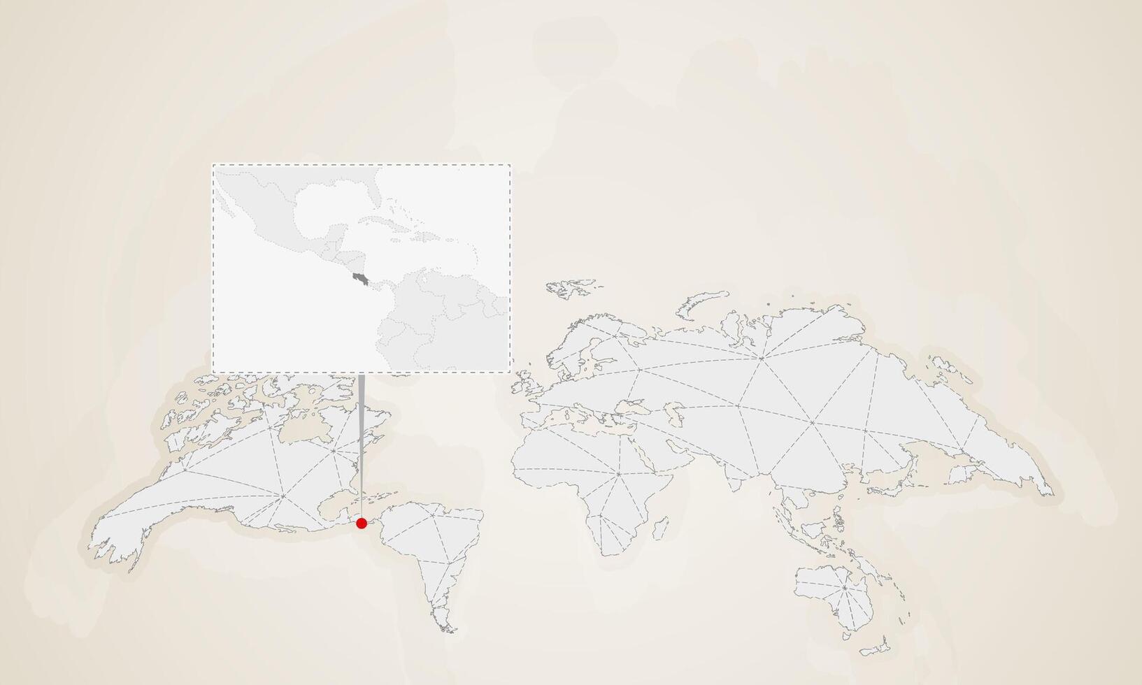 Map of Costa Rica with neighbor countries pinned on world map. vector