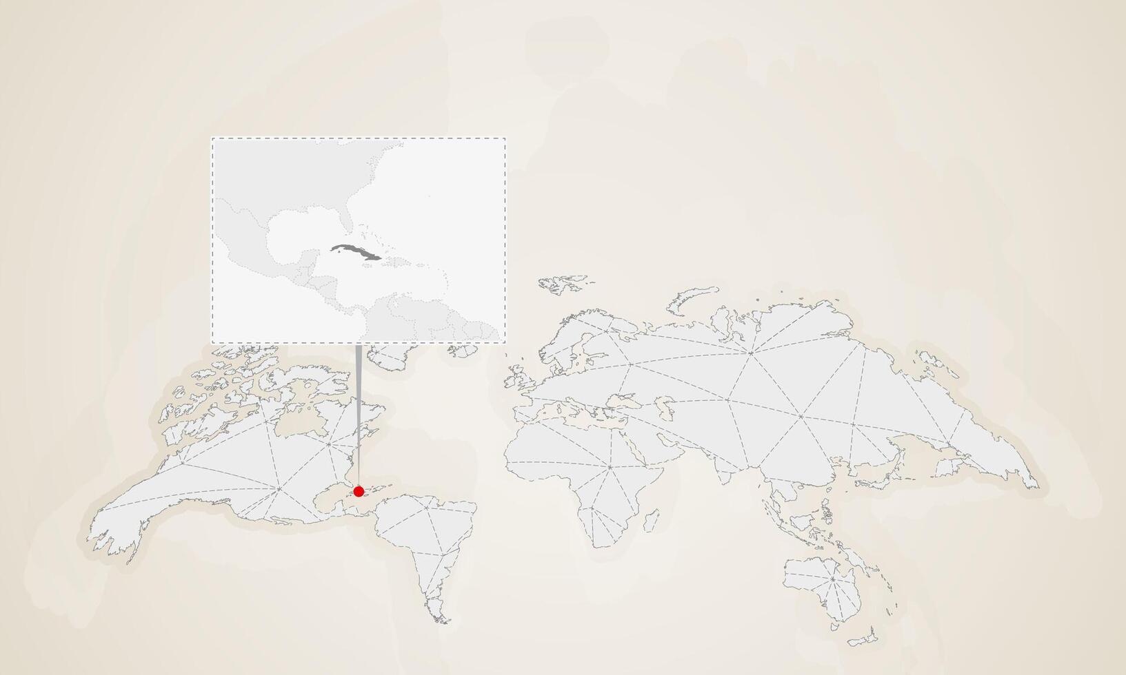 Map of Cuba with neighbor countries pinned on world map. vector