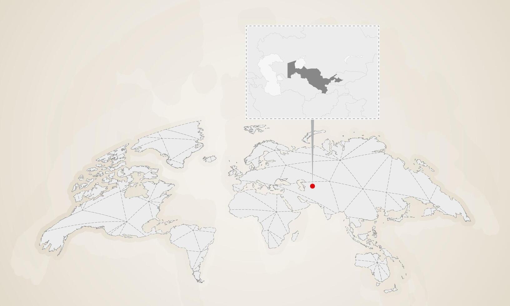 Map of Uzbekistan with neighbor countries pinned on world map. vector