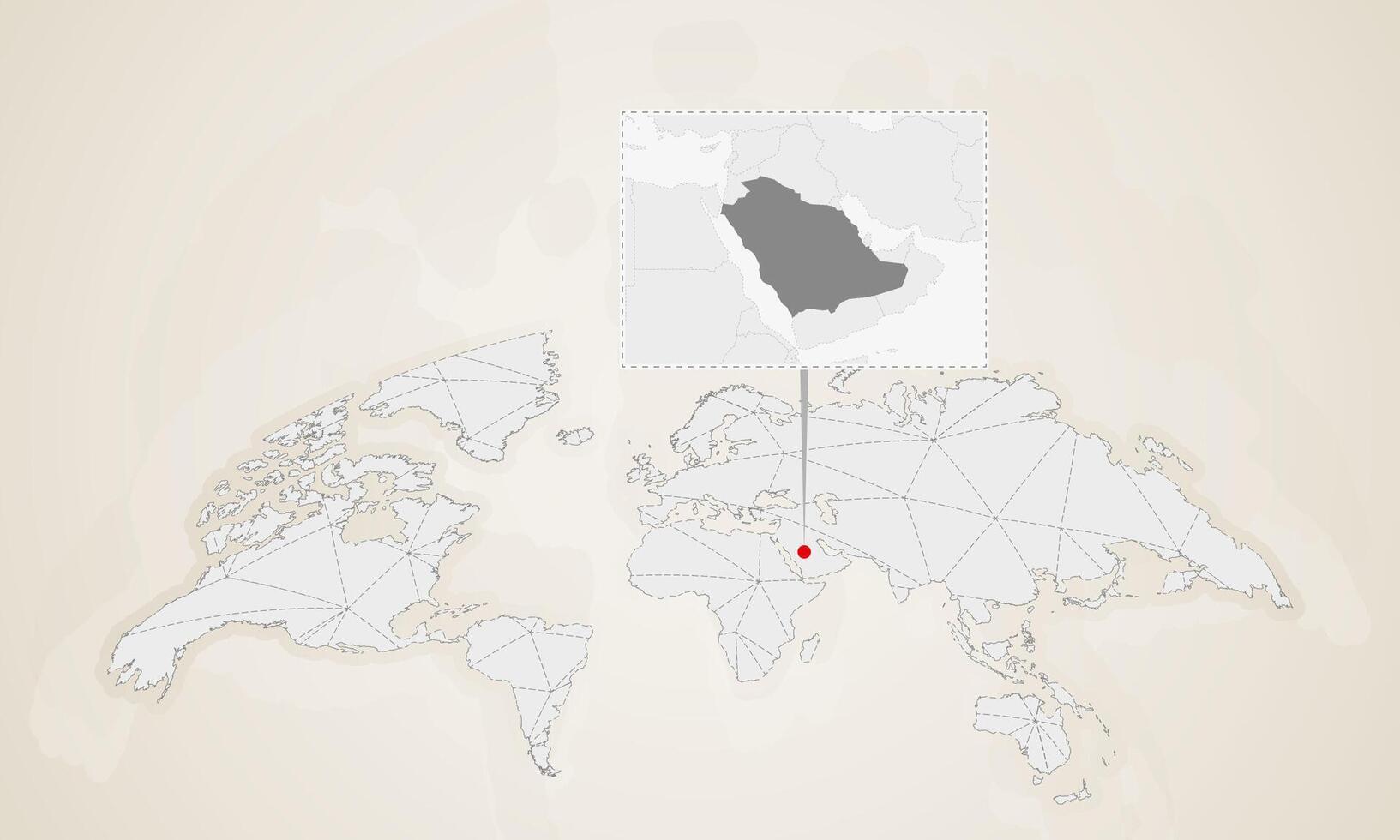 Map of Saudi Arabia with neighbor countries pinned on world map. vector