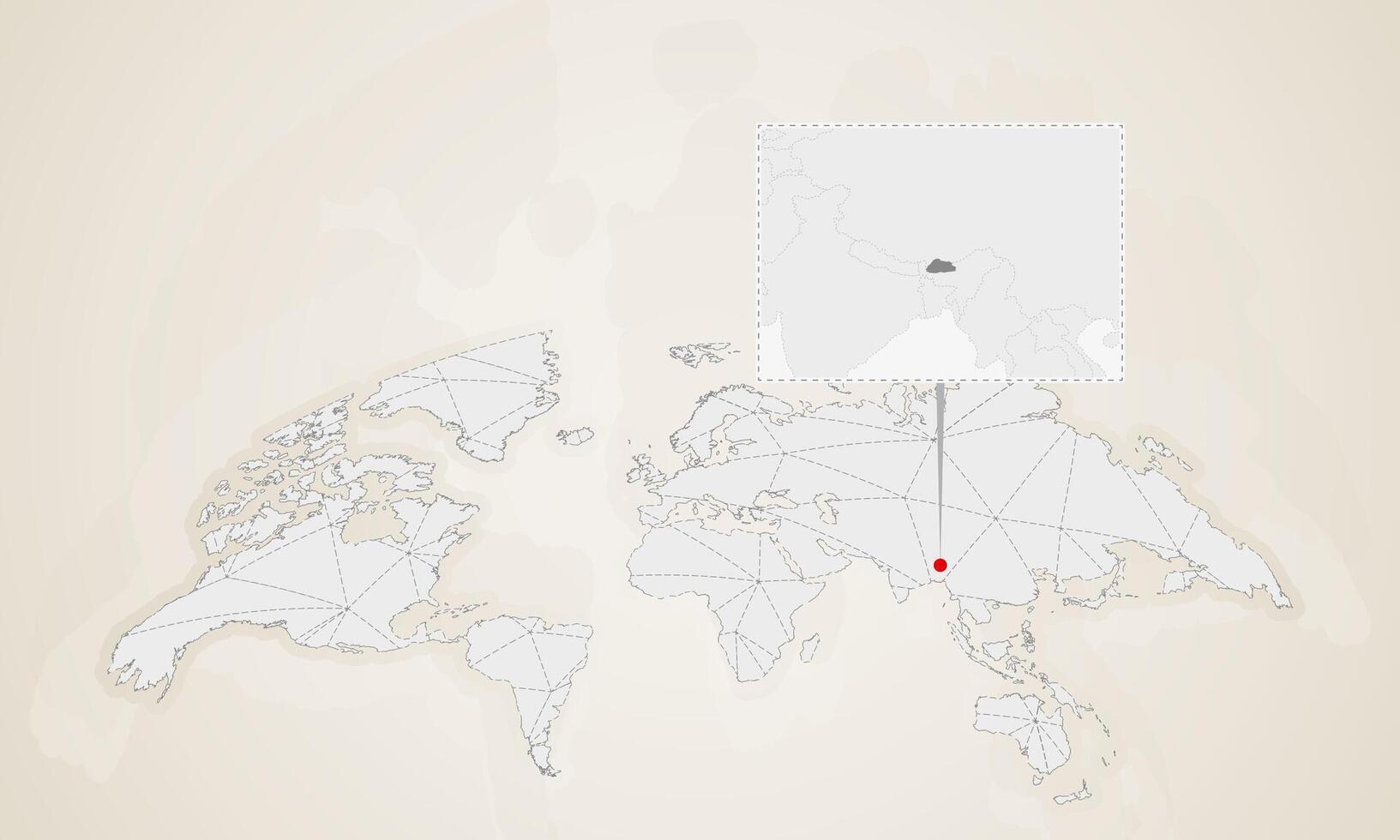 Map of Bhutan with neighbor countries pinned on world map. vector