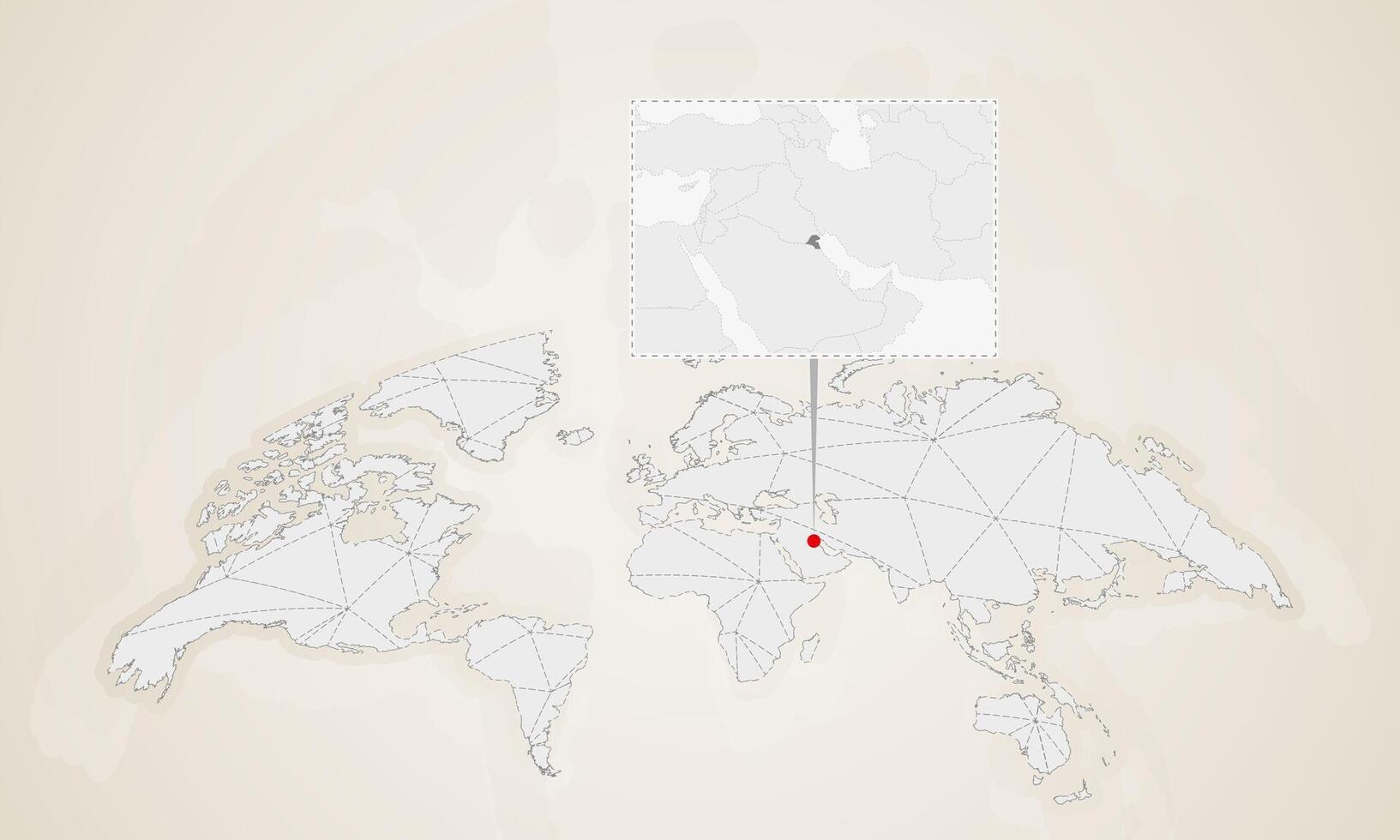 Map of Kuwait with neighbor countries pinned on world map. vector