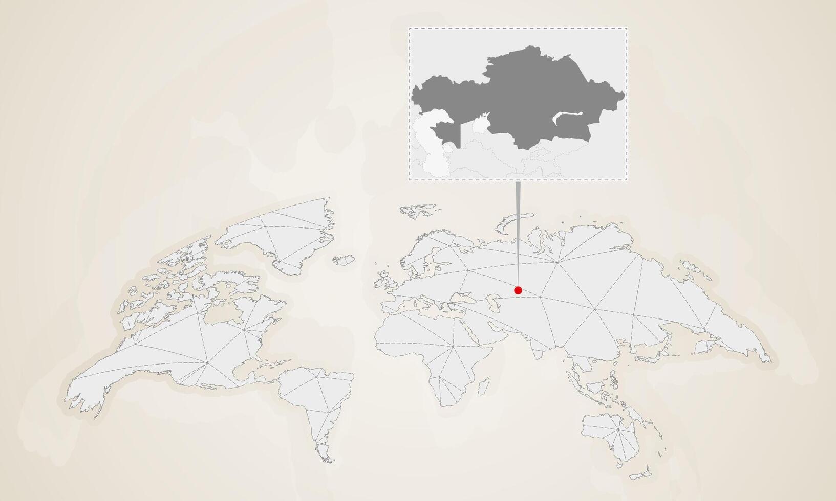 Map of Kazakhstan with neighbor countries pinned on world map. vector