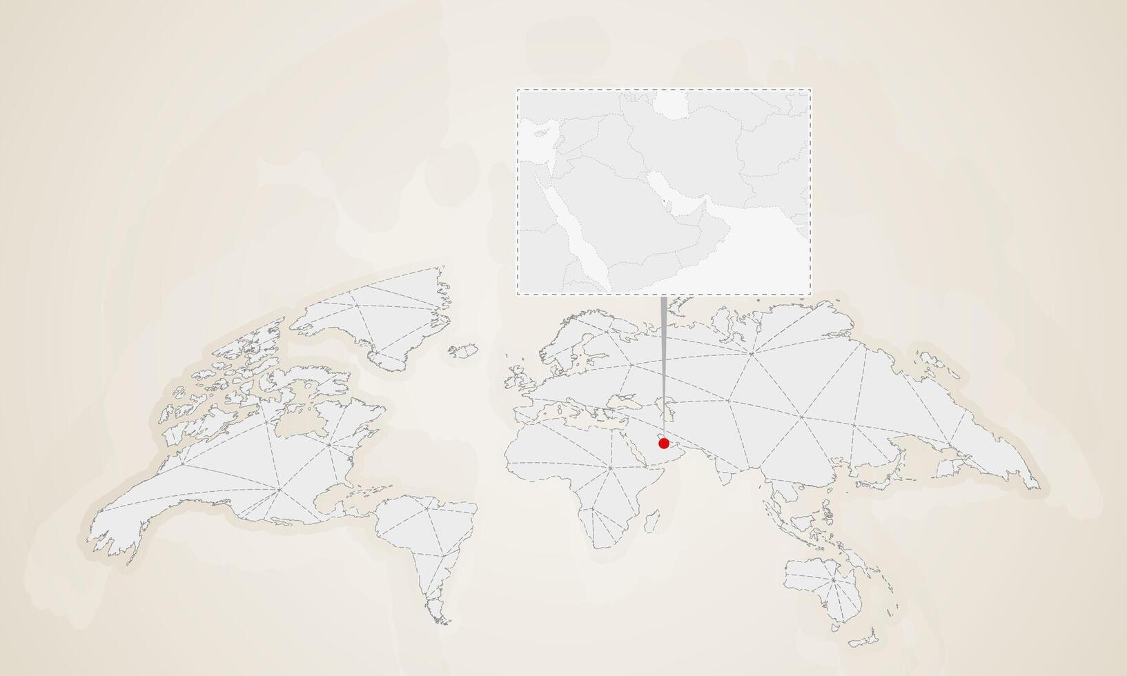 Map of Bahrain with neighbor countries pinned on world map. vector