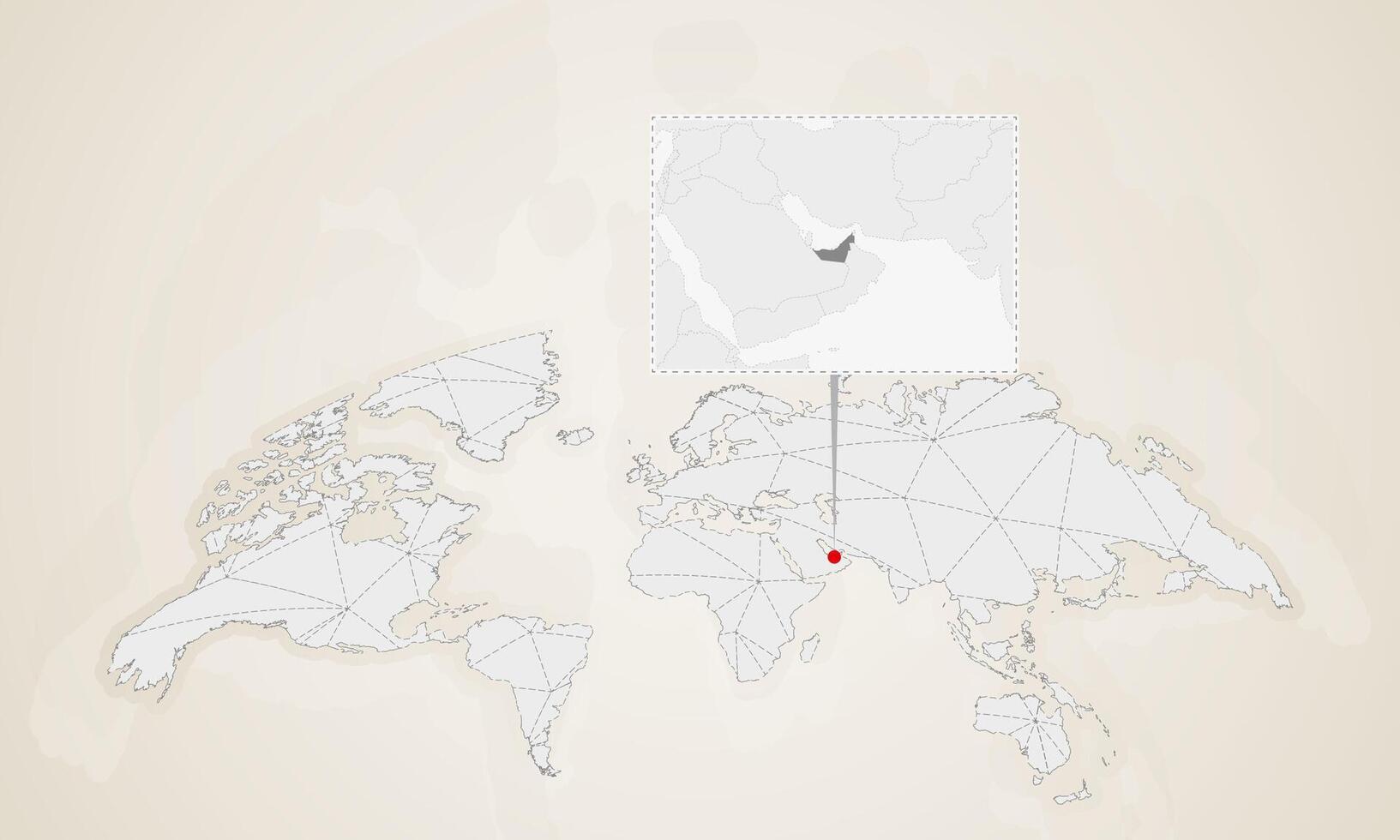 Map of United Arab Emirates with neighbor countries pinned on world map. vector
