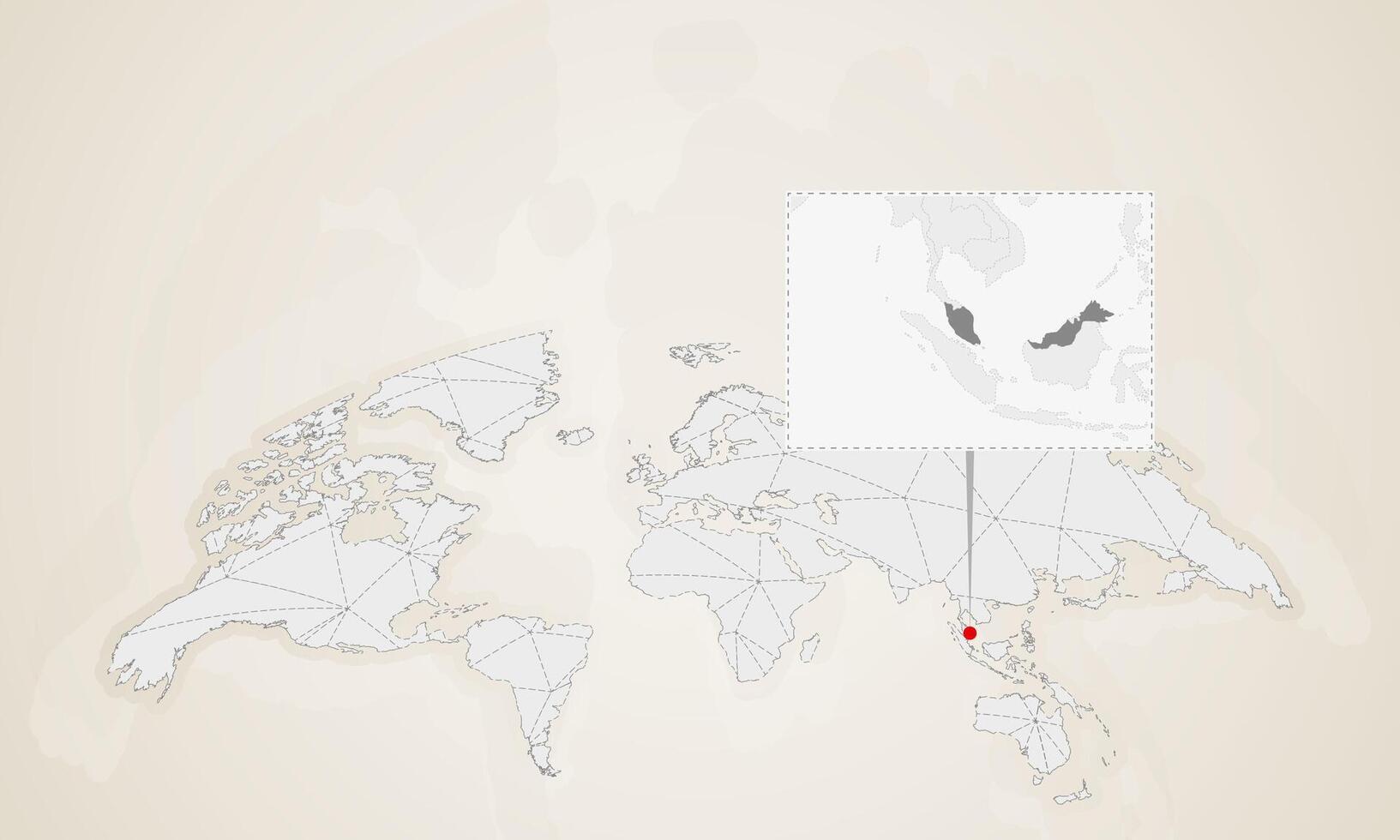 Map of Malaysia with neighbor countries pinned on world map. vector