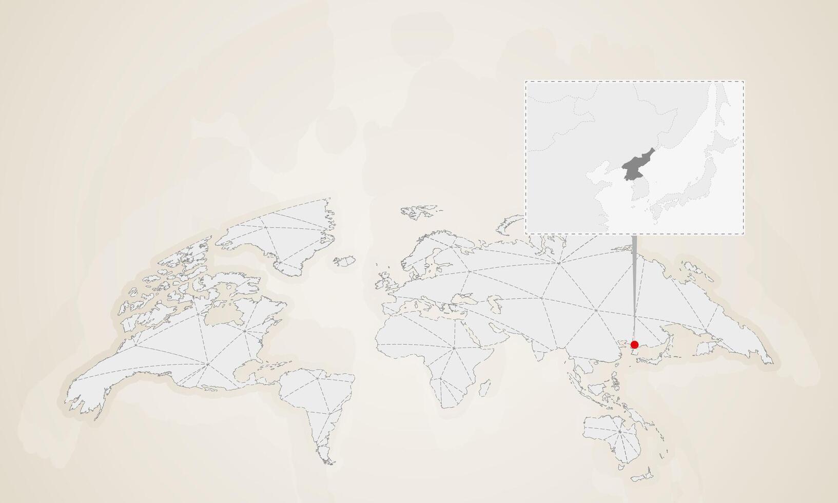 Map of North Korea with neighbor countries pinned on world map. vector
