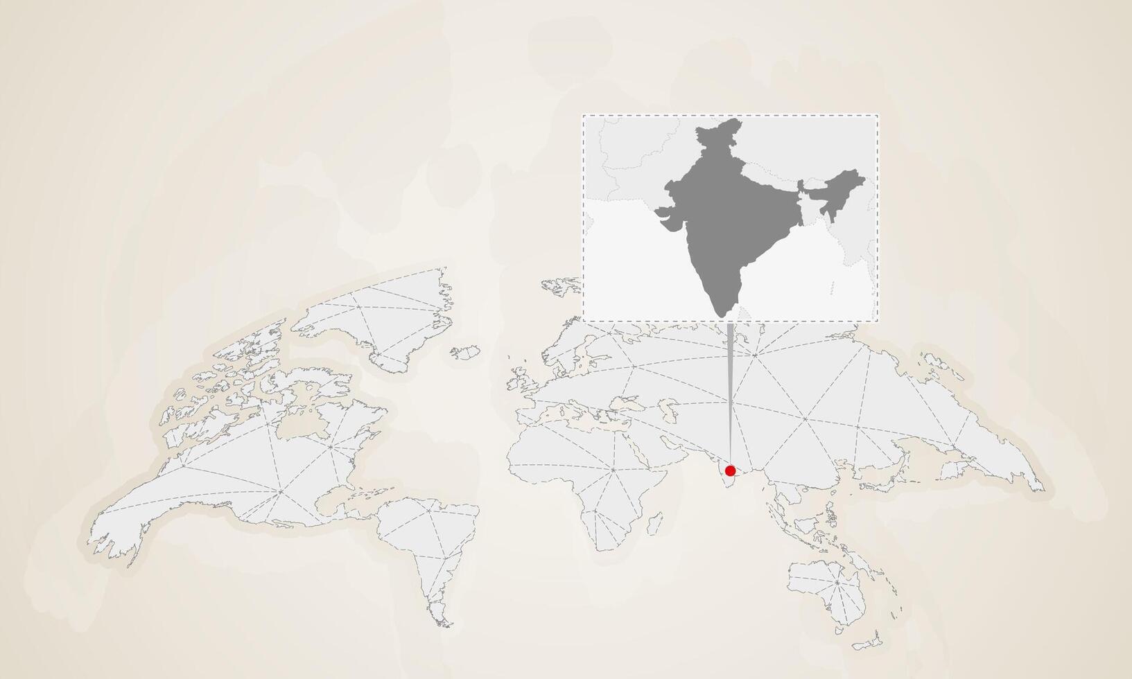 Map of India with neighbor countries pinned on world map. vector
