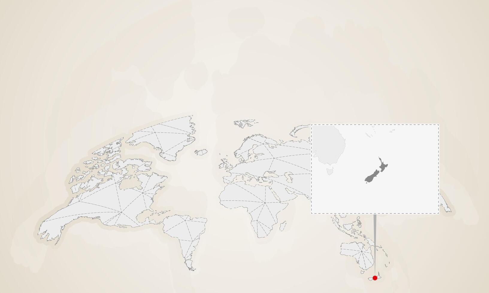 Map of New Zealand with neighbor countries pinned on world map. vector