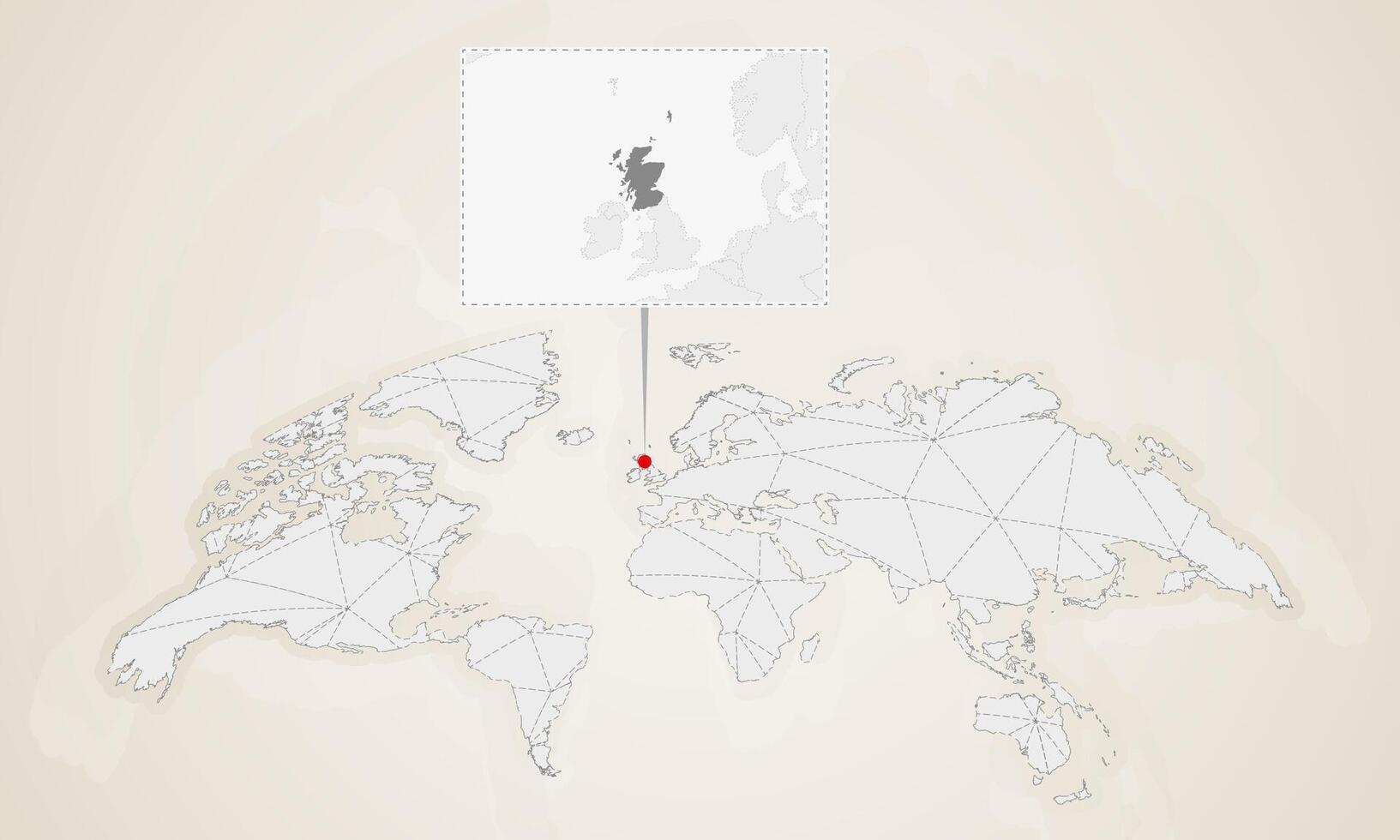 Map of Scotland with neighbor countries pinned on world map. vector
