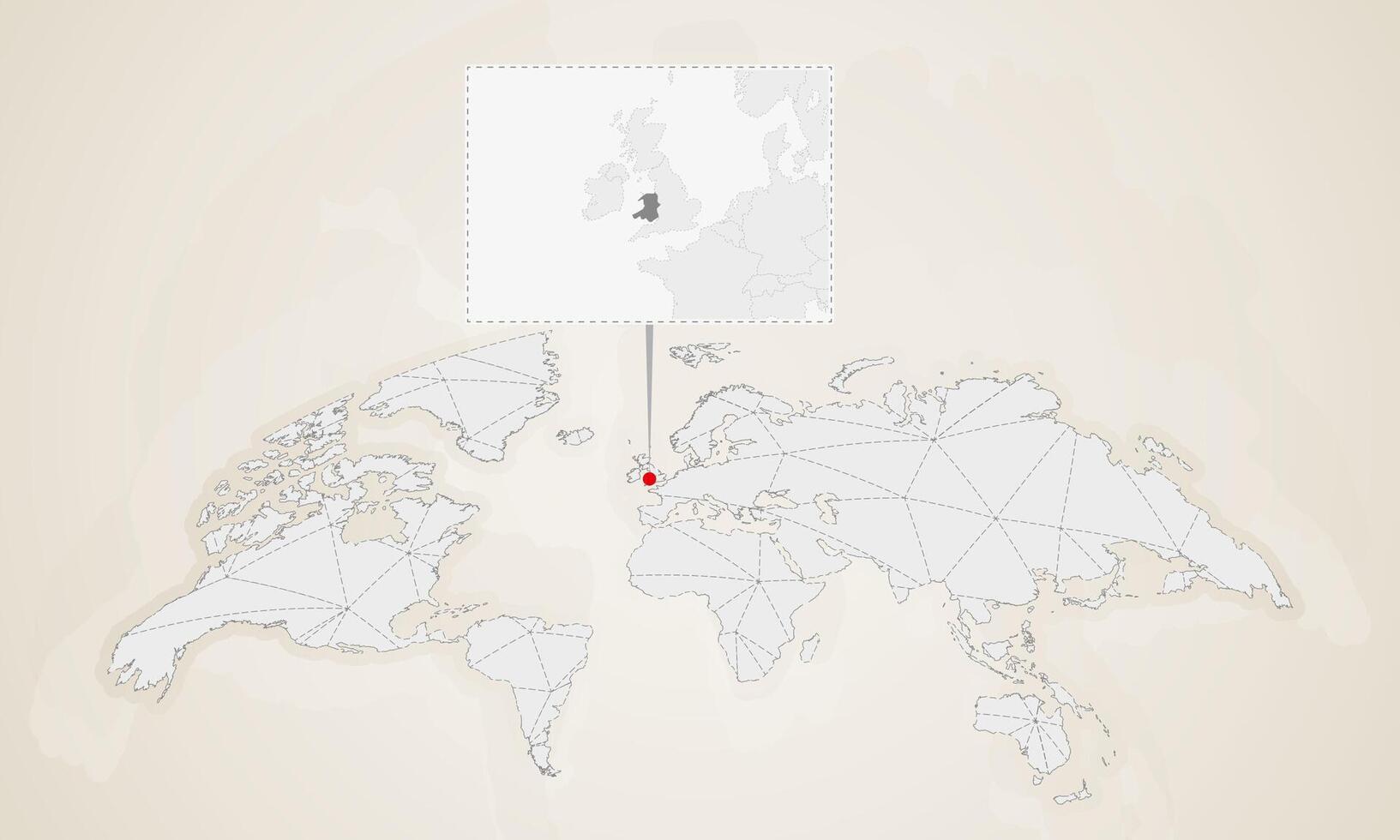 Map of Wales with neighbor countries pinned on world map. vector